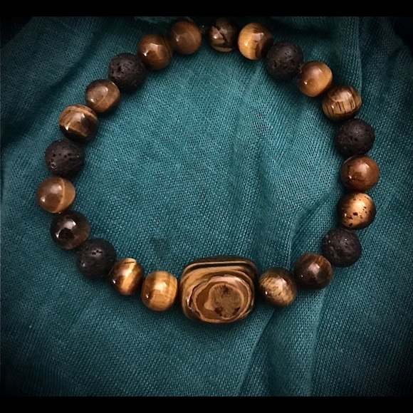 Gold Tiger’s Eye Genuine Semi-precious Gemstone Bracelet w/ volcanic lava beads - Picture 4 of 5